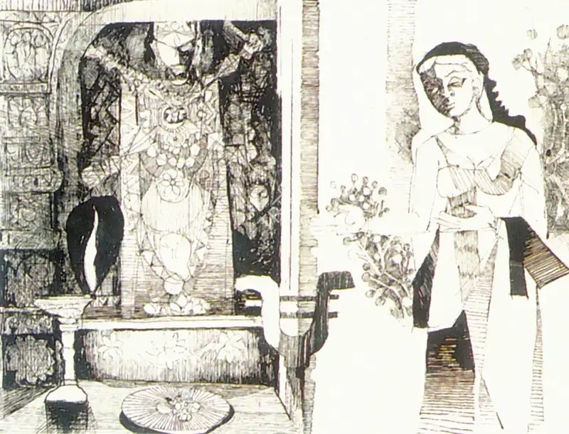 Ray, Shyamal Dutta (Artist). The Beggar Girl in the Kali Temple, n.d. | Drawing, So.Lon/08.10.96