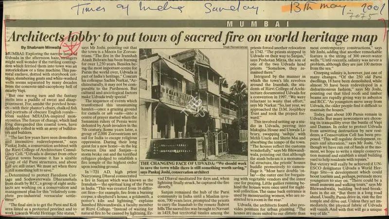Shabnam Minwalla (Reporter), Architects Lobby to put town of sacred fire on word Heritage map, 2001, Newspaper Clipping