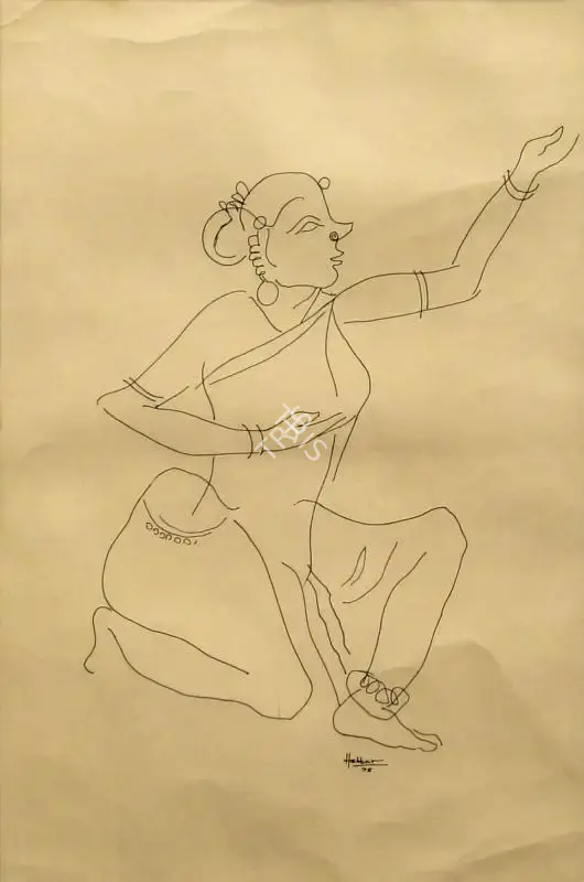 K.K. Hebbar (Artist), Kneeling Figure, 1975, Drawing