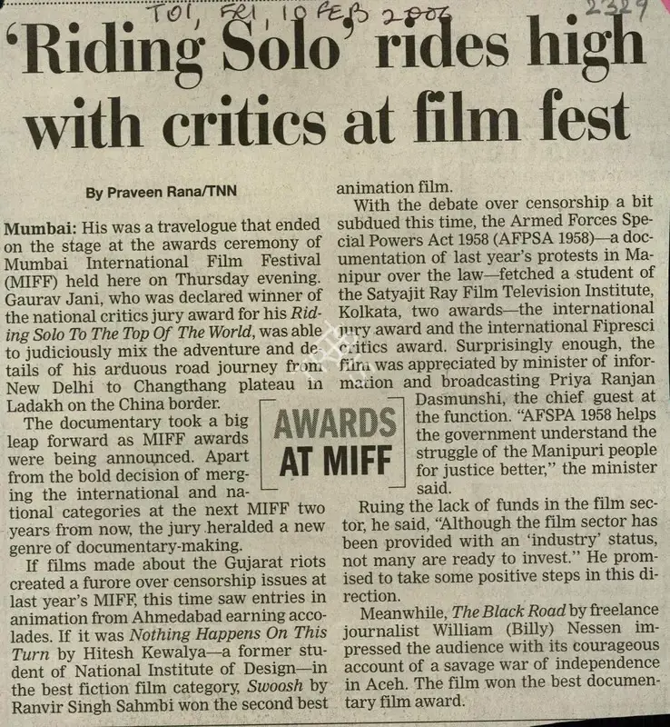 Praveen Rana (Reporter), Riding Solo' Rides High With Critics At Film Fest, 2006, Newspaper Clipping