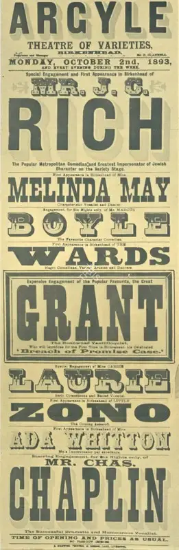 Unknown (Publicity Designer), Unknown (Publicity Designer), A newspaper advertisement of a stage performance in which the name of Charlie Chaplin's father is featured | Theatre related memorabilia, 02 October 1893, Theatre related memorabilia