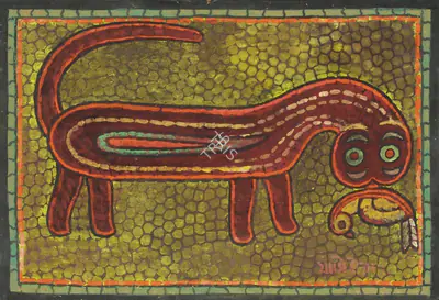 Jamini Roy (Artist), Untitled (Cat with Bird), 1925, Painting