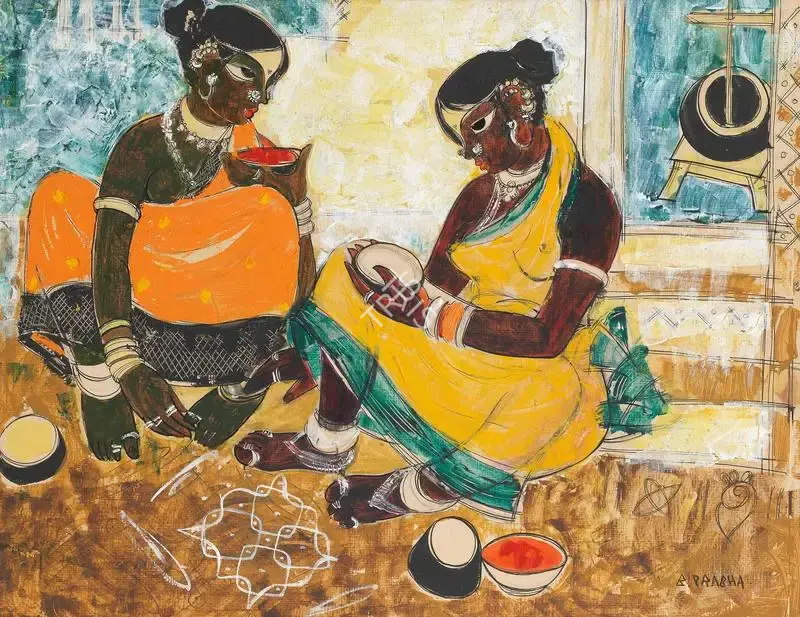 B. Prabha (Artist), Untitled (Village Scene), 1951, Painting