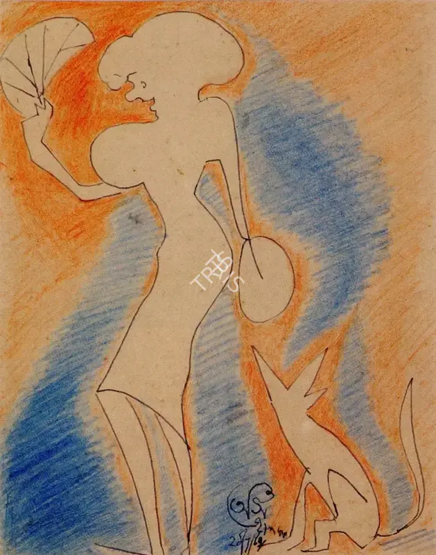 A.K. Haldar (Artist), A Caricature of a Woman and Dog, 1960, Painting