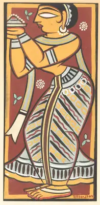 Jamini Roy (Artist), Untitled (Maiden Making an Offering), 1949, Painting