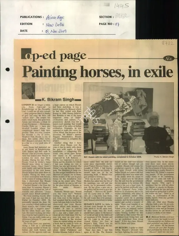 K. Bikram Singh (Writer), Painting Horses, in Exile, 2009, Newspaper Clipping