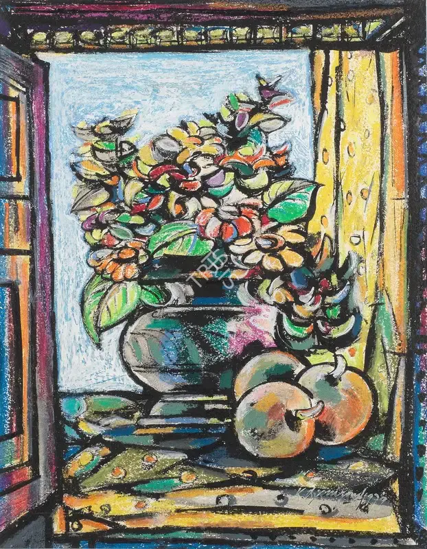 K. Laxma Goud (Artist), Untitled (Still Life of Vase in a Window), 1979, Painting