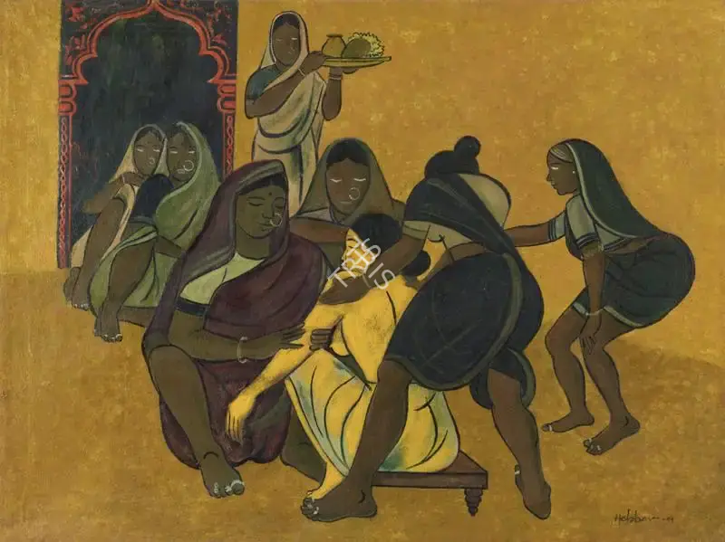 Hebbar, K.K. (Artist). Untitled (Bride's Toilette), 1944 | Painting, Sa.Onl/05.03.20, 2020 · Saffronart