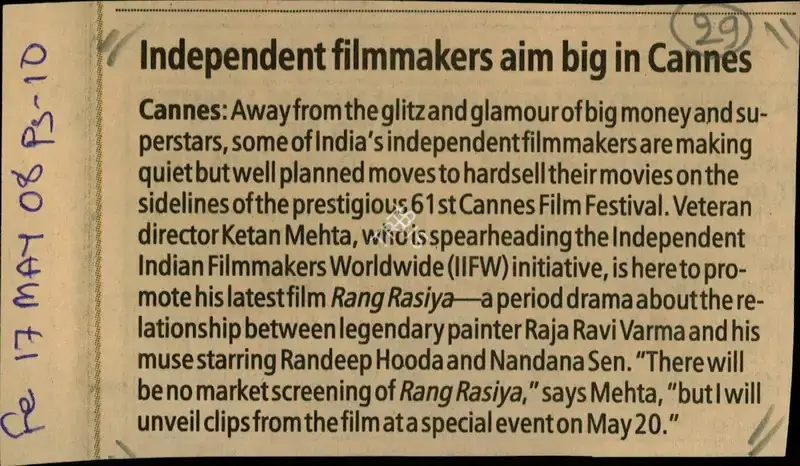 Independent Filmmakers Aim Big at Cannes, 2008, Newspaper Clipping