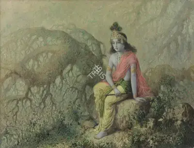 Ustad Allah Bukhsh (Artist), Untitled (Krishna in Contemplation), 1935, Painting