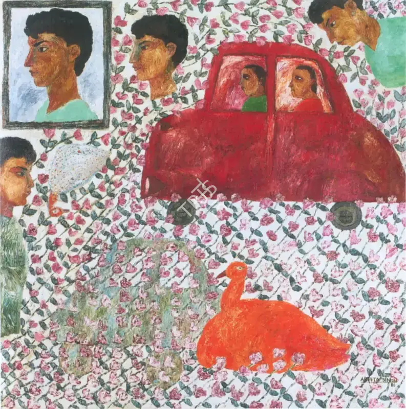 Arpita Singh (Artist), Red Car in Rose Garden, 1986, Painting