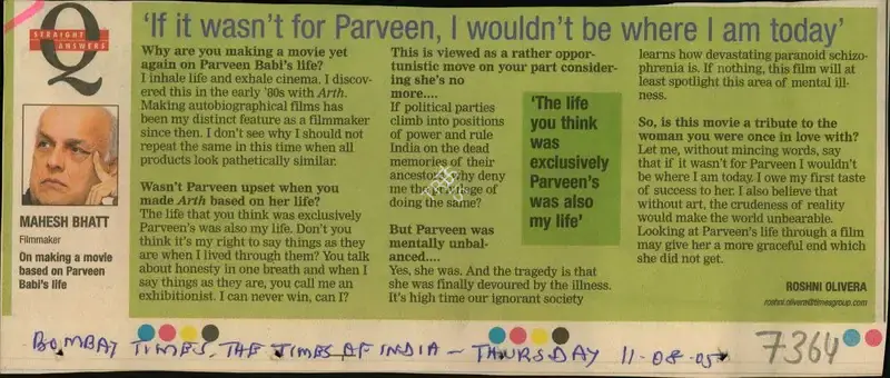 Roshni Olivera (Reporter), If it wasn't for Parveen, I Wouldn't be where I am today, 2005, Newspaper Clipping