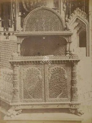 Shew Shankar Narayan (Photographer), Ahmedabad Cabinet in carved Wood with Designs copied from Ancient Mosques - Bombay Court, Front View, 1883, Antiquarian Photograph