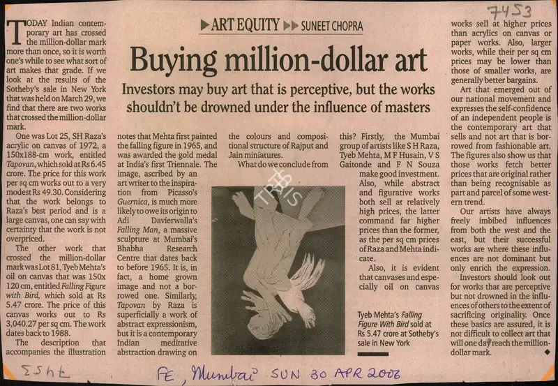 Suneet Chopra (Reporter), Buying Million-Dollar art, 2006, Newspaper Clipping