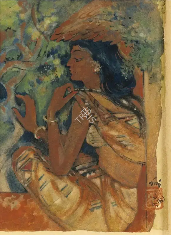 Bose, Nandalal (Artist). Nulia tribeswoman seated outside a forest hut, 1949 | Painting, 2016 · Sotheby's