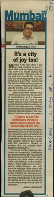Riddhi Doshi (Reporter), It’s a City of Joy too!, 2008, Newspaper Clipping
