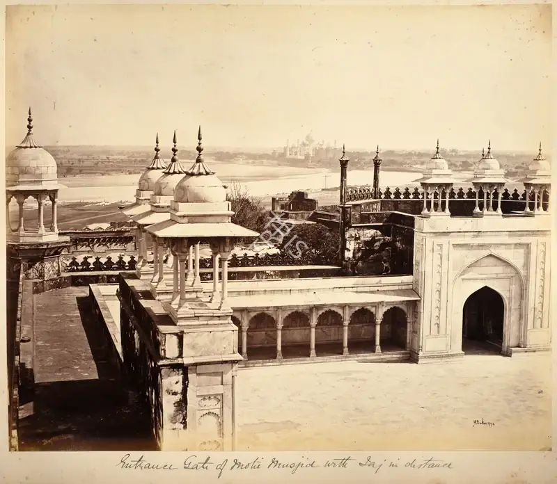 William Baker (Photographer), Entrance Gate of Moti Musjid with Taj in distance,Agra, 1866, Antiquarian Photograph
