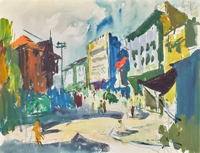 S.H. Raza (Artist), Untitled (Bombay Street Scene), 1945, Painting