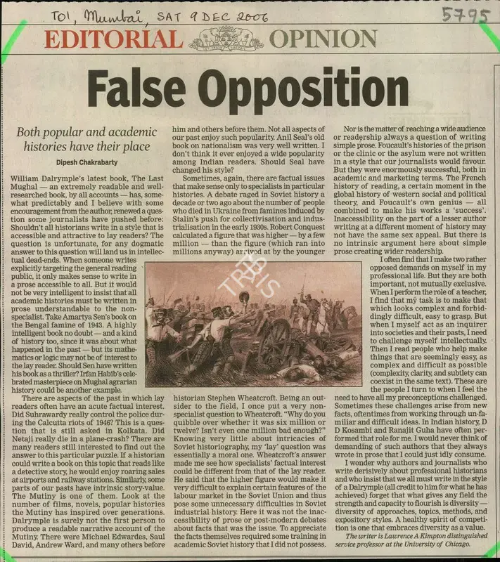 Dipesh Chakrabarty (Writer), False Opposition, 2006, Newspaper Clipping