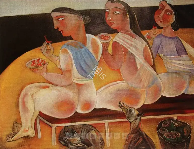 Sen, Paritosh (Artist). Young Women Eating Fried Prawns On The Beach, 1990 | Painting, Bow.Del/20.11.02, 1990
