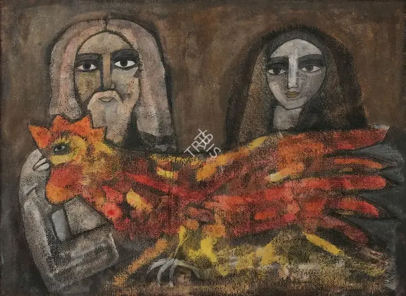 Badri Narayan (Artist), Kukkuta Jataka With Rishi And Wife, 1988, Painting