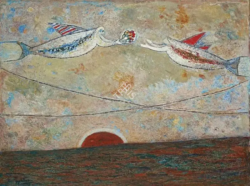 Hebbar, K.K. (Artist). Romance In the Rockets, 1985 | Painting, AG.Onl/02.09.23, 2023 · Asta Guru