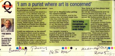 Nicole Dastur (Writer), I am a Purist Where Art is Concerned', 2005, Newspaper clipping