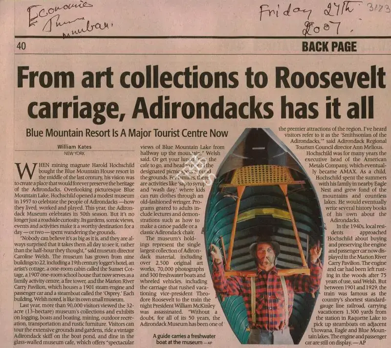 William Kates (Reporter), From Art Colledions to Roosevelt Carriage, Adirondacks Has it all, 2007, Newspaper Clipping