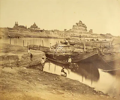 Felice Beato (Photographer), Bridge of boats over the Goomtee -the palaces, Chutur Mungil & Furhut Buksh, Lucknow, 1858, Antiquarian Photograph