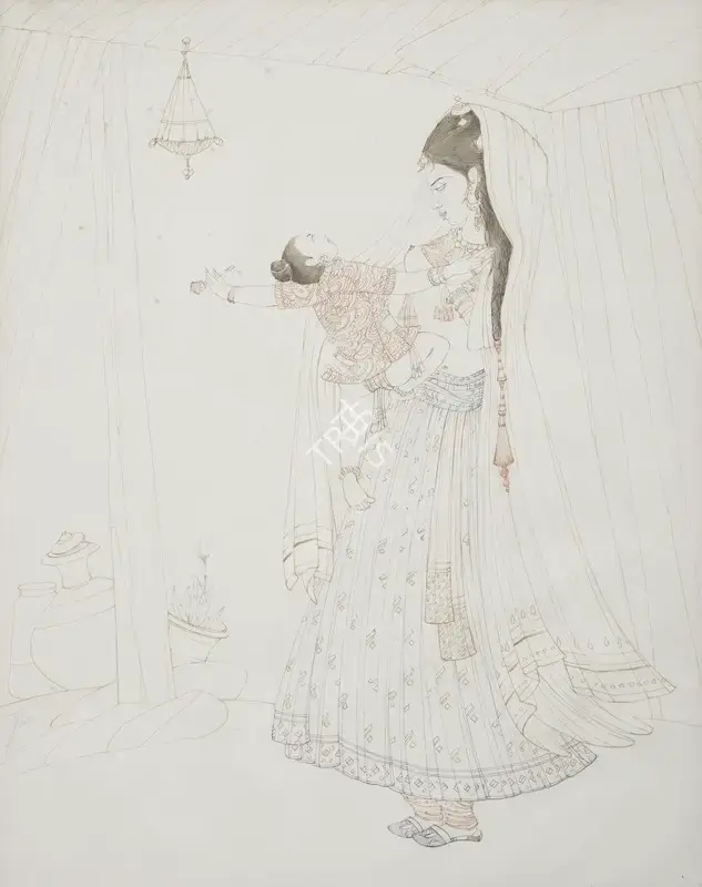 Chughtai, M.A.R. (Artist). Untitled (Maiden with child), n.d. | Drawing, Bon.Lon/22.11.16, 2016 · Bonhams