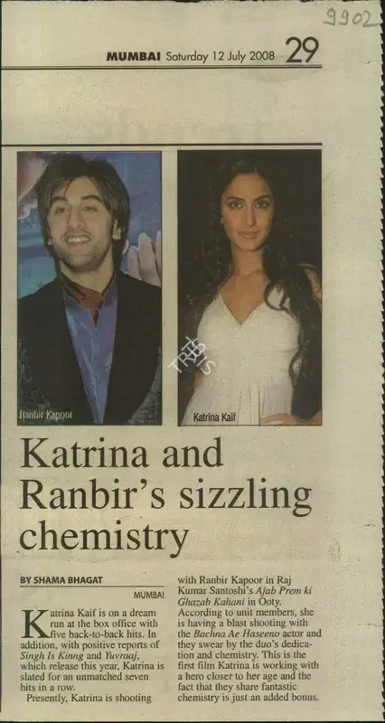 Shama Bhagat (Writer), Katrina and Ranbir's Sizzling Chemistry, 2008, Newspaper Clipping