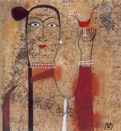 V.S. Gaitonde (Artist), Woman holding a Bird, 1953, Painting