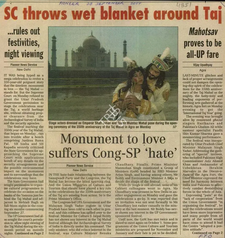 Vijay Upadhyay (Reporter), SC Throws wet Blanket Around Taj, 2004, Newspaper Clipping