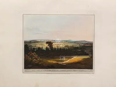 H. Merke (Printmaker), East view of Bangalore, with the Cypress Garden, from a Pagoda, 1804, Aquatint