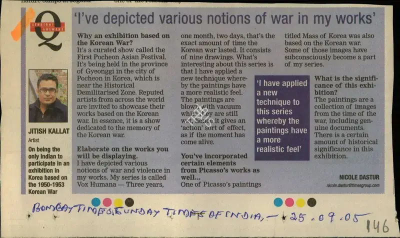 Nicole Dastur (Reporter), I've Depicted Various Notions of War in My Works, 2005, Newspaper Clipping