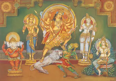 Dhirendranath Narayan (Artist), Durga & Other Icons, 1951, Painting