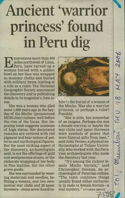 Ancient 'Warrior Princess' Found in Peru dig, 2006, Newspaper Clipping