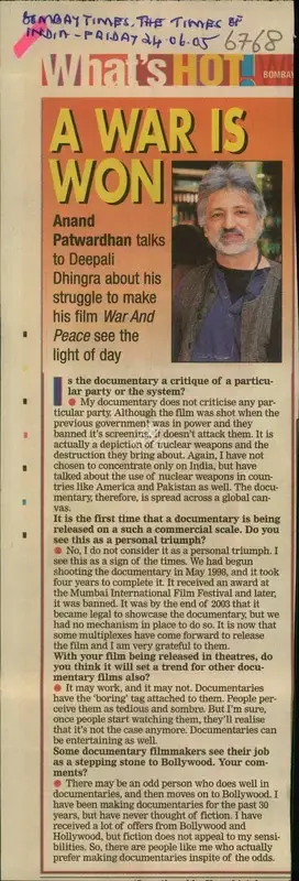 Deepali Dhingra (Reporter), A War is Won, 2005, Newspaper Clipping