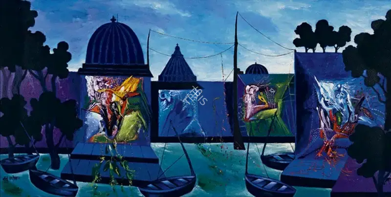Manu Parekh (Artist), Varanasi in Moon Light, 2012, Painting