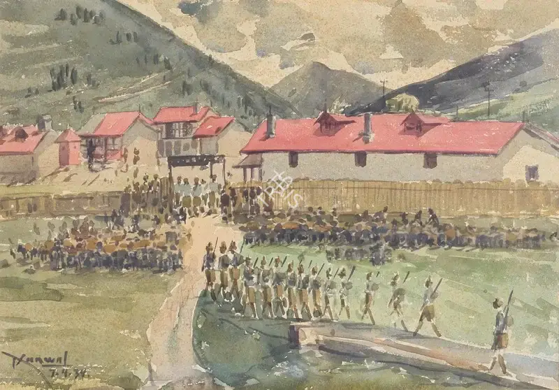 Kanwal Krishna (Artist), The Indian army Garrison at Yatung (Yadong), 1939, Painting