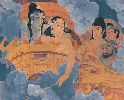 Ramgopal Vijaiwargiya (Artist), Ram and Sita in Pushpak Viman, 1955, Painting