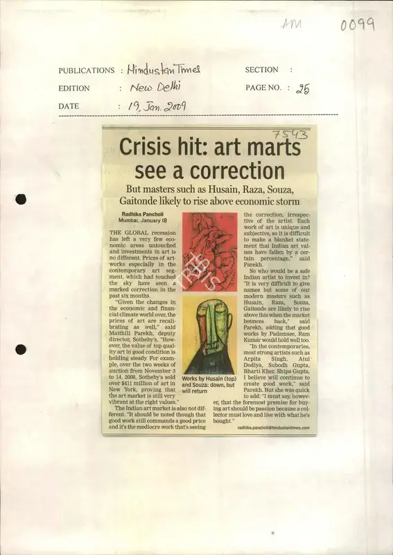 Radhika Pancholi (Reporter), Crisis Hit Art Marts see a Correction, 2009, Newspaper Clipping