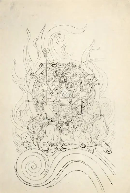 Nandalal Bose (Artist), Mahisasuramardini, 1942, Drawing