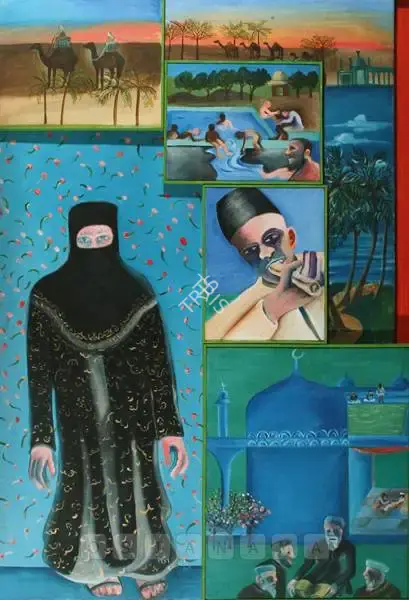 Khakhar, Bhupen (Artist). Muslims Around The Mosque II, 2001 | Painting, Ch.NeY/30.03.06, 2001