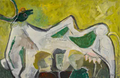 K.S. Kulkarni (Artist), Untitled (Bull and Figures), Painting