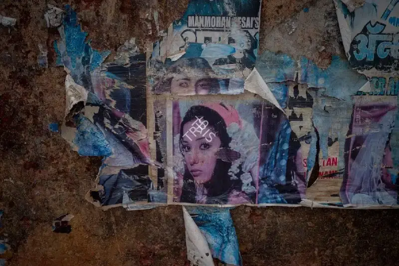 Hemant Chaturvedi (Photographer), Ankur Talkies, Jaipur, Rajasthan- Torn Poster of Amar, Akbar, Anthony (1977), 2024, Contemporary Photograph
