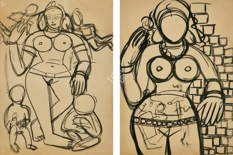 F.N. Souza (Artist), Temple Dancer, 1950, Drawing