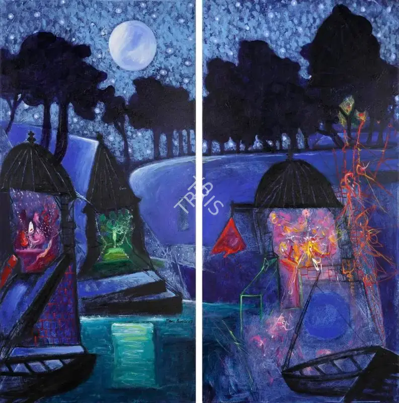 Manu Parekh (Artist), Starry Night and Temples, 2007, Painting