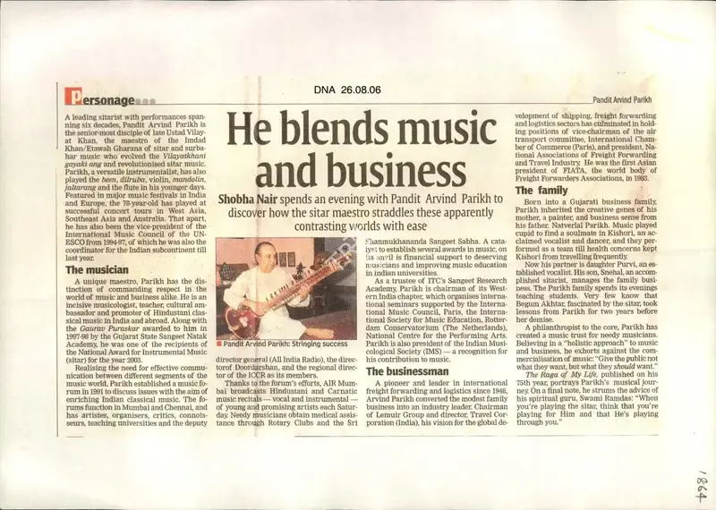 Shobha Nair (Reporter), He blends music and business, 2006, Newspaper Clipping