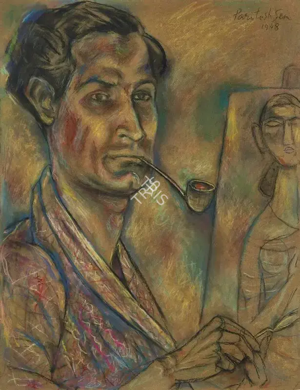 Paritosh Sen (Artist), Self Portrait with Pipe, 1948, Painting